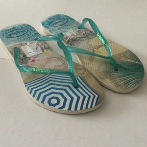 HAVAIANAS SLIM PAISAGE FLIP-FLOPS AQUA BEACH PRINT SIZE 11/12 NEW